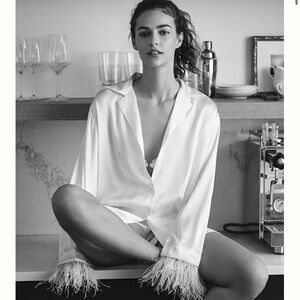 Audrey Adele Feather-Trim Pajama Blouse & Shorts Set